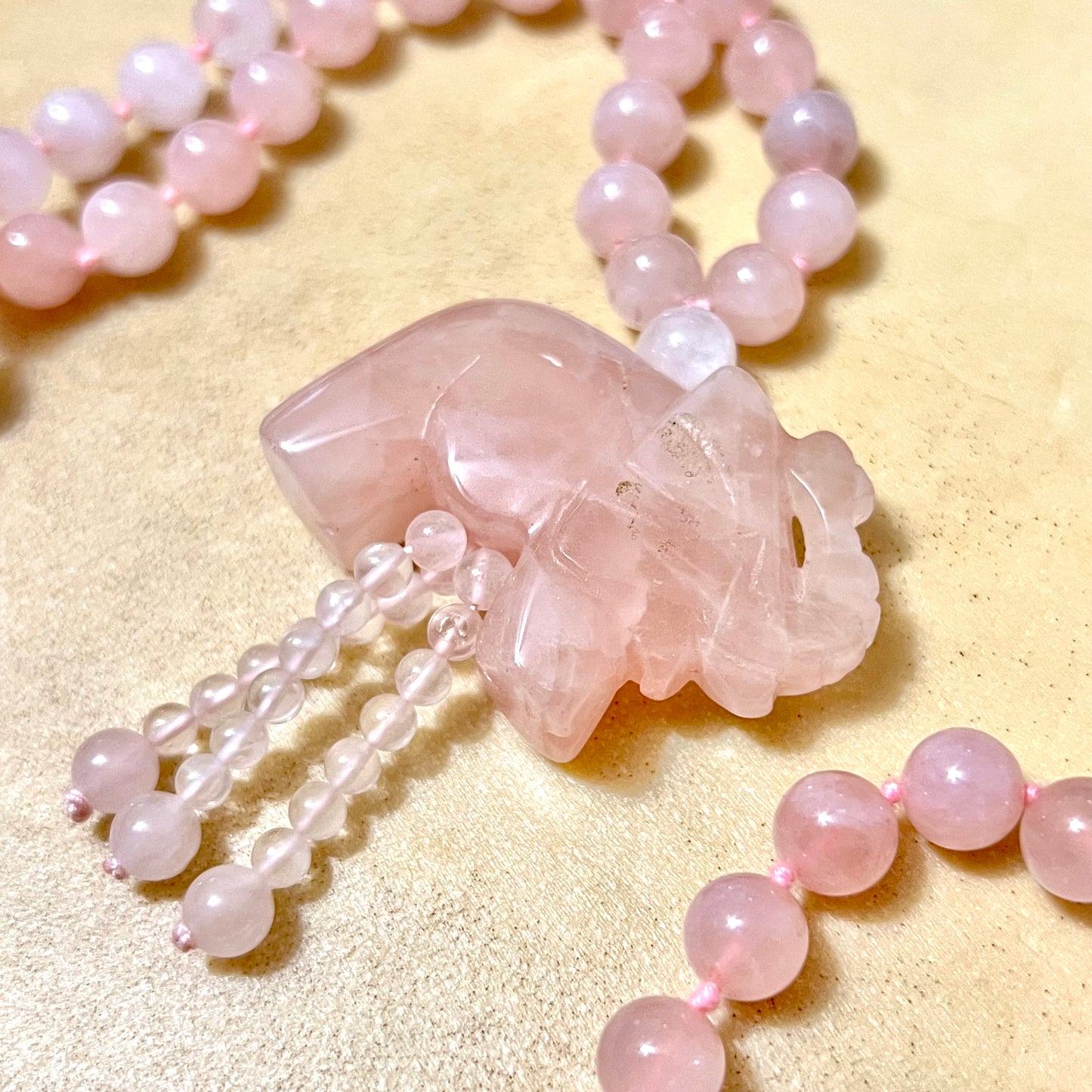 Rose Quartz Hand Knotted Beaded Necklace with Elephant Pendant - Vintage