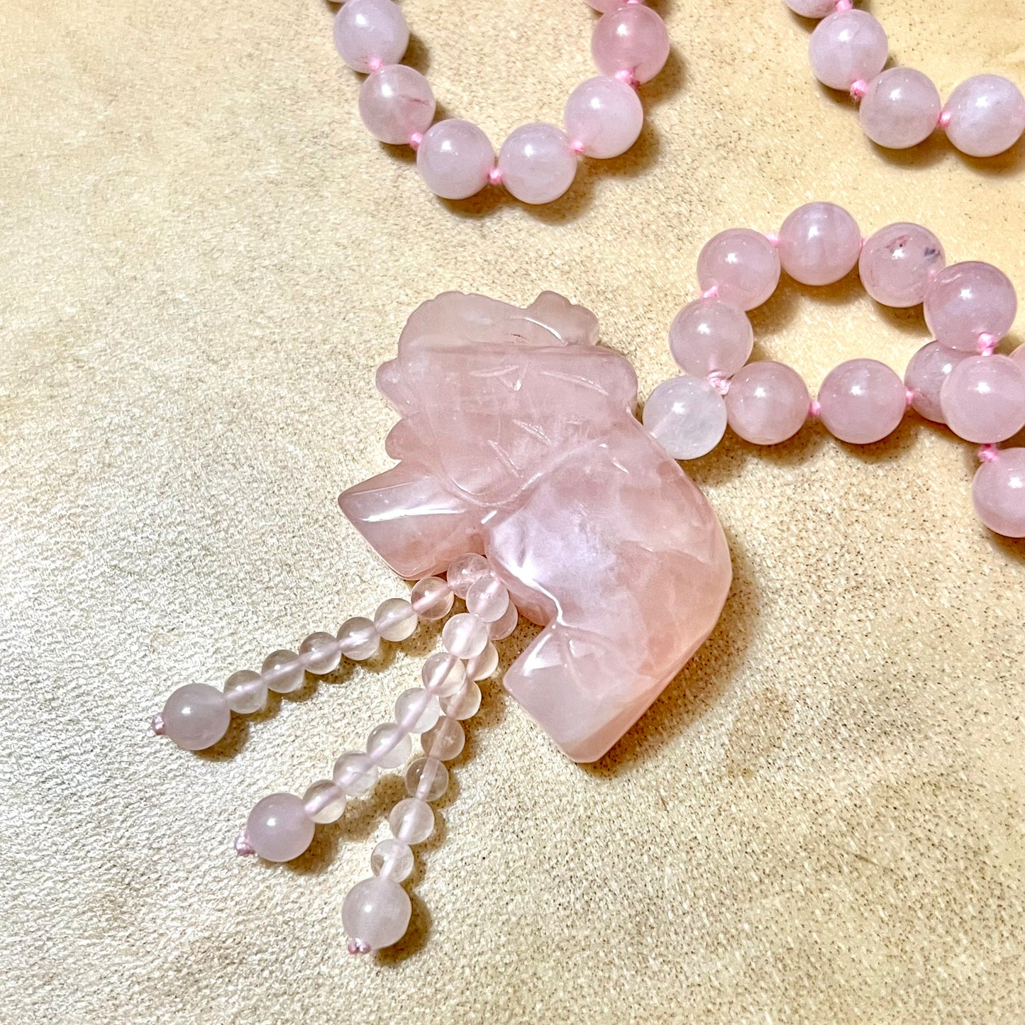 Rose Quartz Hand Knotted Beaded Necklace with Elephant Pendant - Vintage
