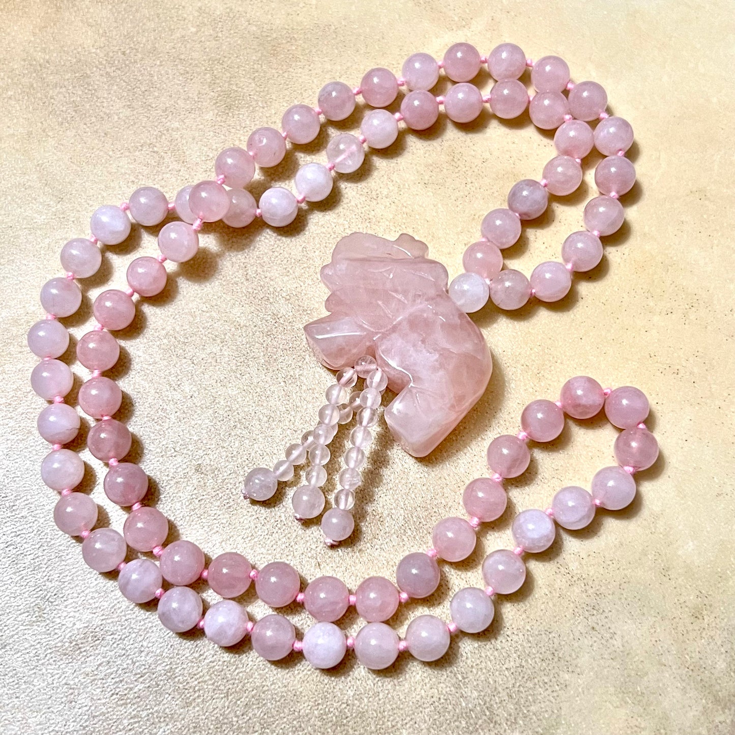 Rose Quartz Hand Knotted Beaded Necklace with Elephant Pendant - Vintage