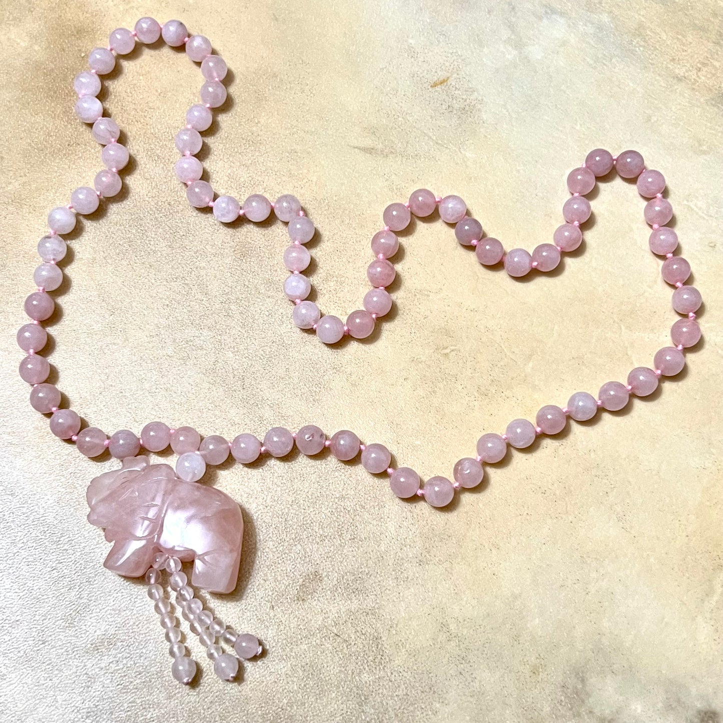 Rose Quartz Hand Knotted Beaded Necklace with Elephant Pendant - Vintage