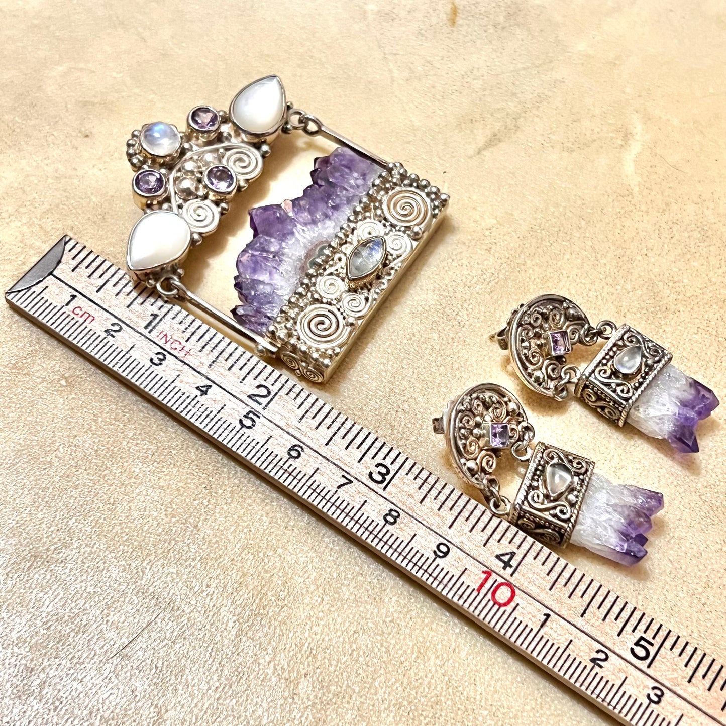 Amethyst, Rainbow Moonstone, & Mother of Pearl Sterling Silver Sajen Jewelry Set