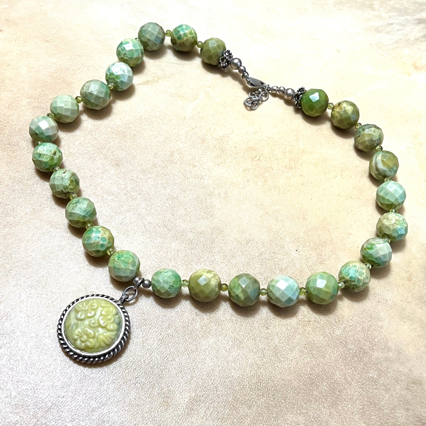 Spring Green Serpentine Faceted Vintage Necklace with Sterling Silver Flower Pendant