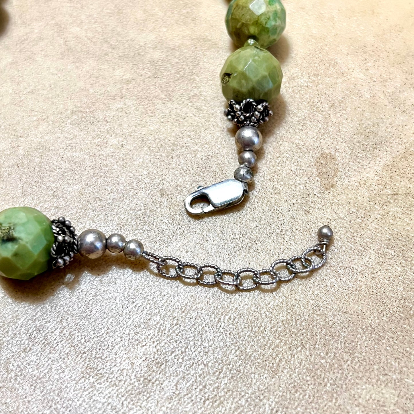 Spring Green Serpentine Faceted Vintage Necklace with Sterling Silver Flower Pendant