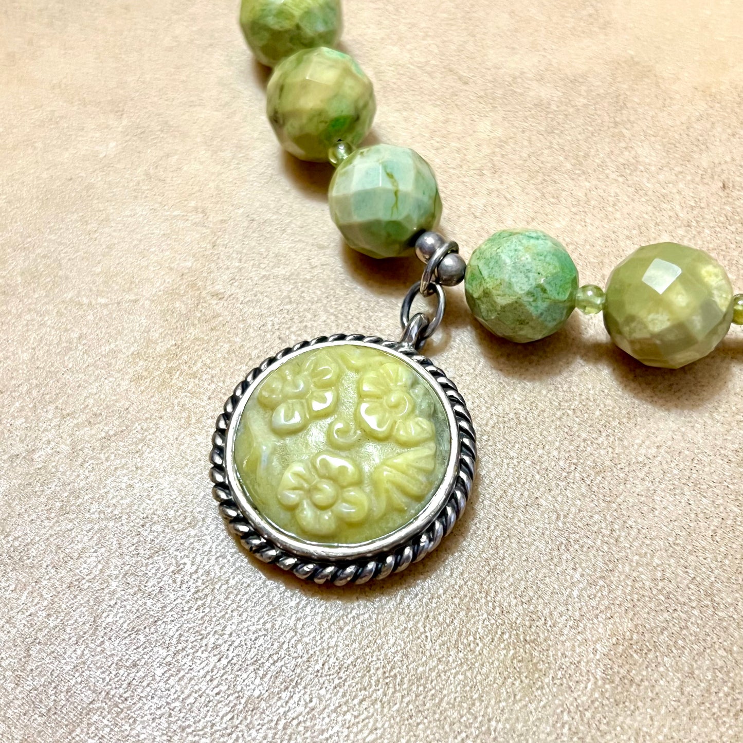 Spring Green Serpentine Faceted Vintage Necklace with Sterling Silver Flower Pendant