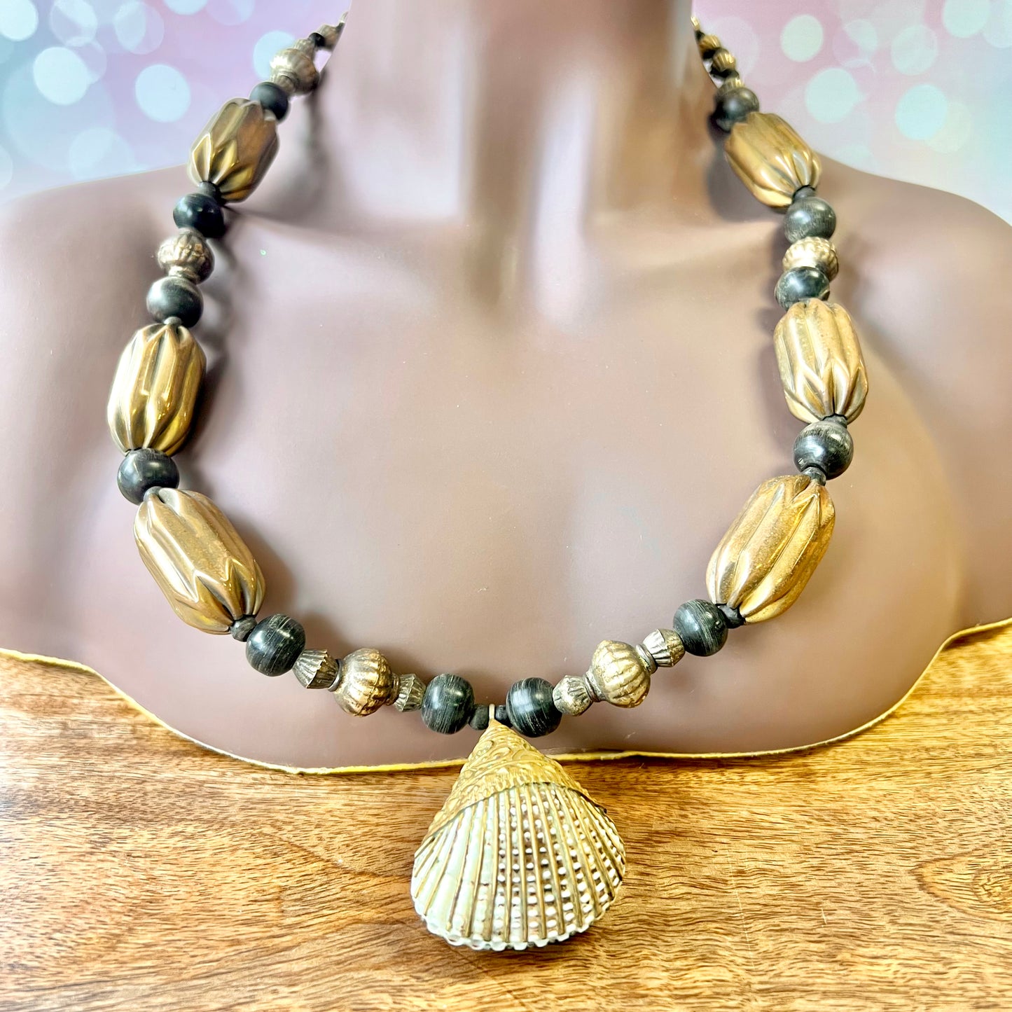 Bronze Seashell Vintage Rattle Statement Necklace