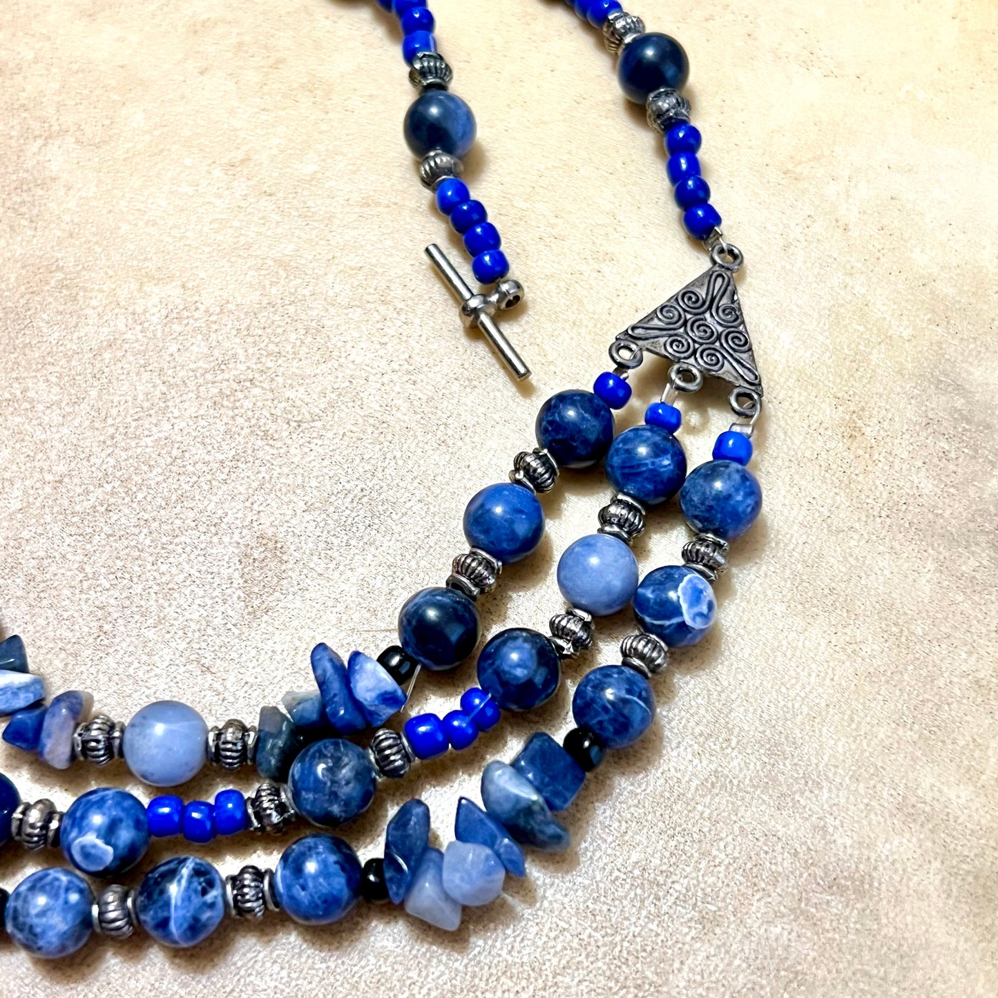 Sodalite Layered Vintage Beaded Necklace with Triangle Accents