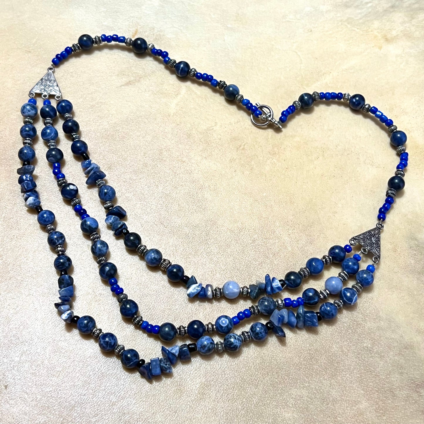 Sodalite Layered Vintage Beaded Necklace with Triangle Accents