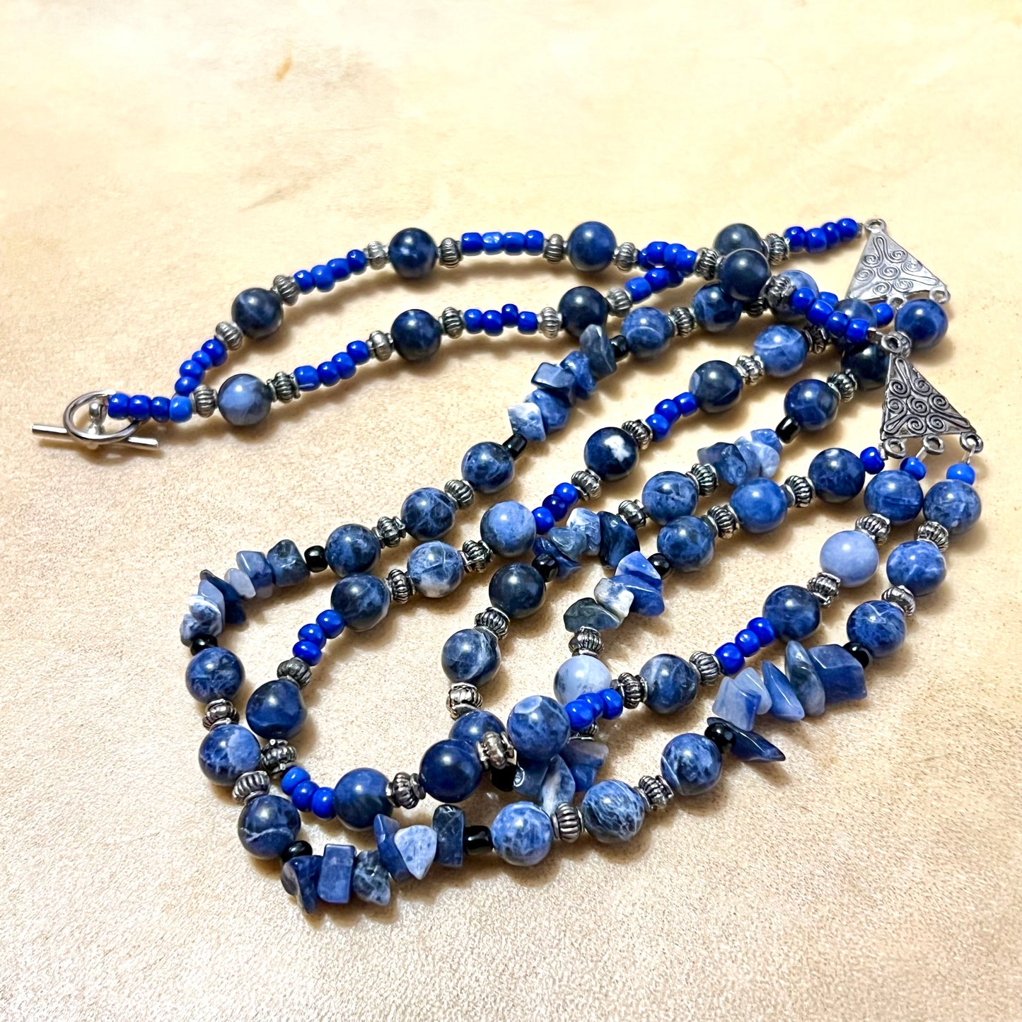 Sodalite Layered Vintage Beaded Necklace with Triangle Accents