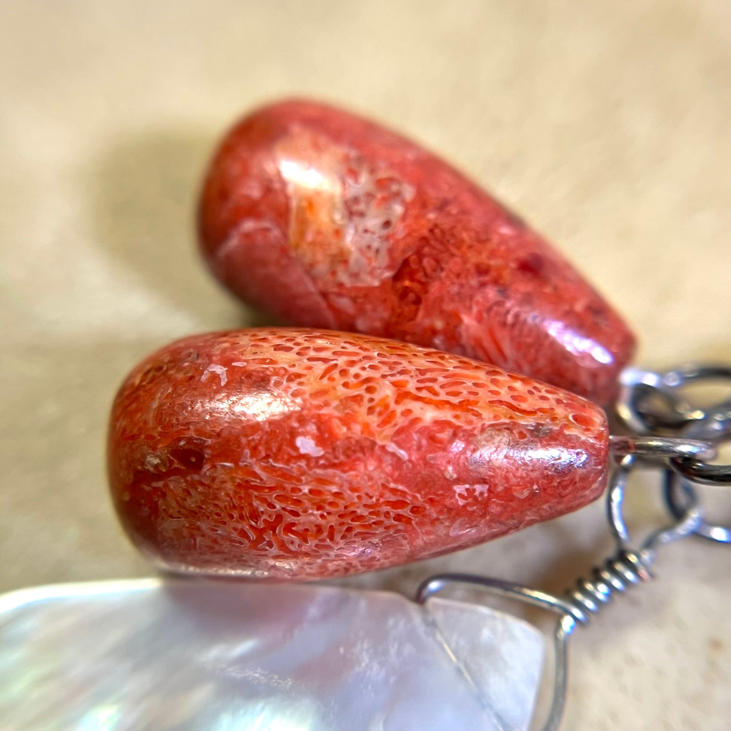 Sponge Coral & Mother of Pearl Teardrop Sterling Silver Necklace - Vintage