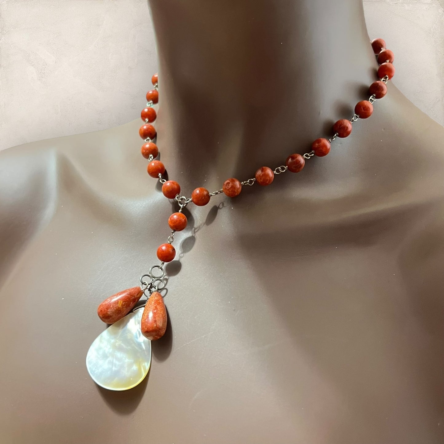 Sponge Coral & Mother of Pearl Teardrop Sterling Silver Necklace - Vintage