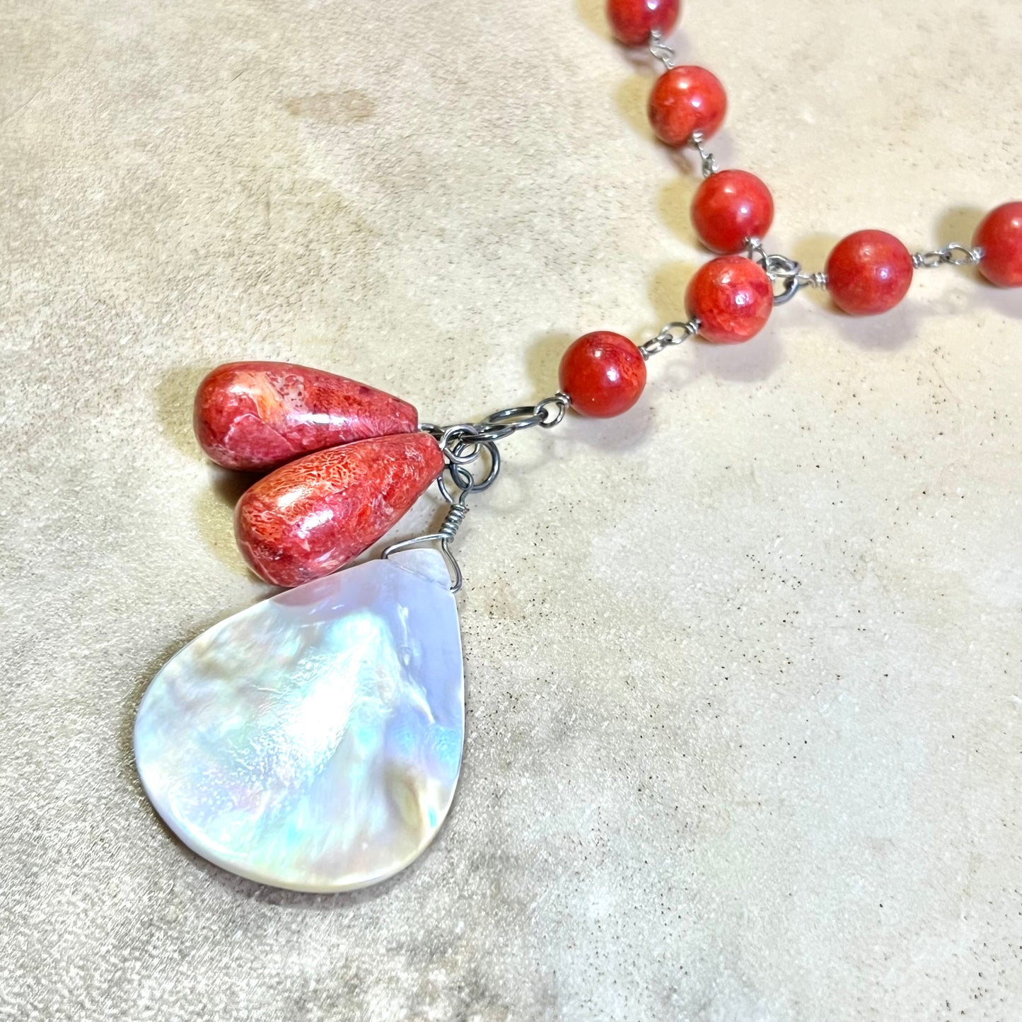 Sponge Coral & Mother of Pearl Teardrop Sterling Silver Necklace - Vintage