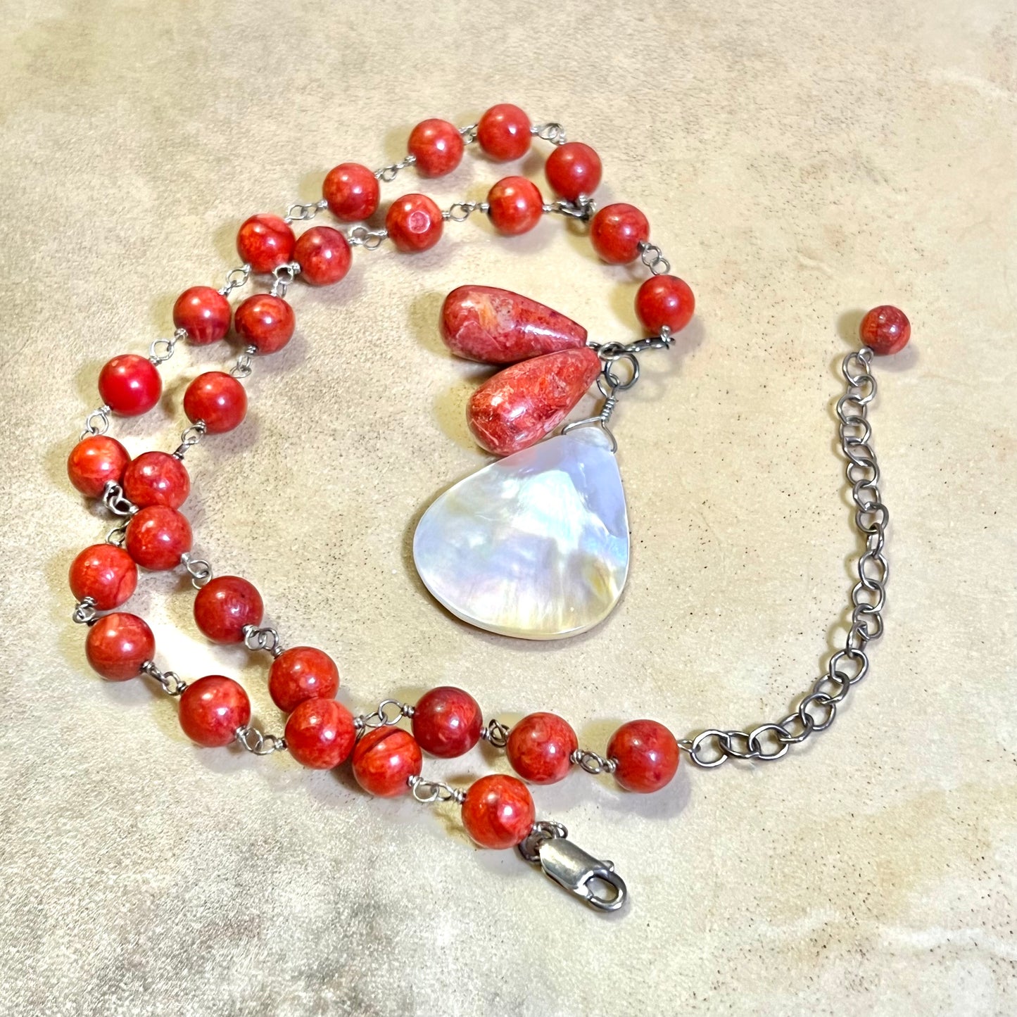 Sponge Coral & Mother of Pearl Teardrop Sterling Silver Necklace - Vintage