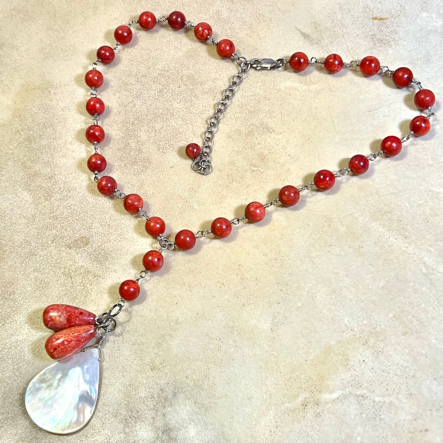 Sponge Coral & Mother of Pearl Teardrop Sterling Silver Necklace - Vintage