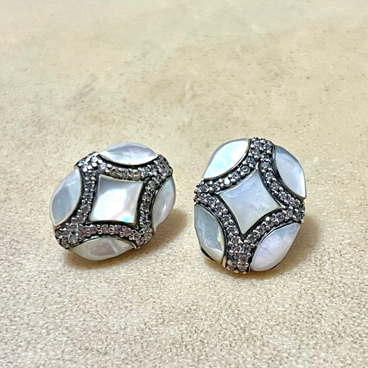 Mother of Pearl & Marcasite Vintage Sterling Silver Earrings