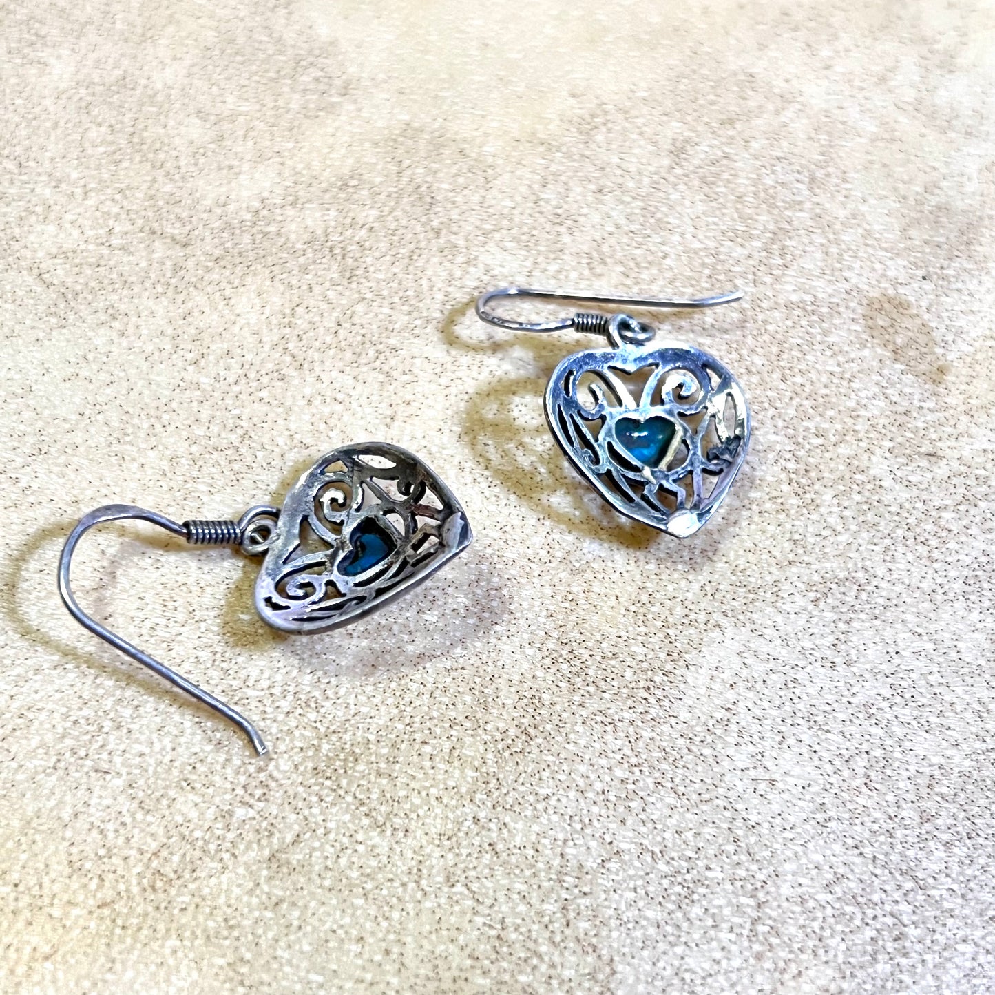 Turquoise Inlay Filigree Heart Sterling Silver French Hook Earrings - Vintage
