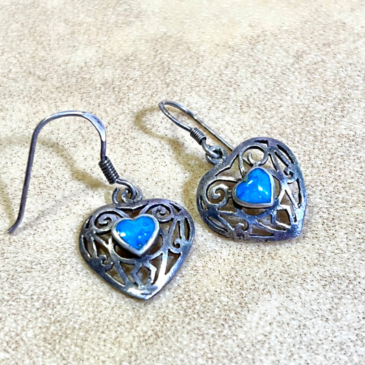 Turquoise Inlay Filigree Heart Sterling Silver French Hook Earrings - Vintage