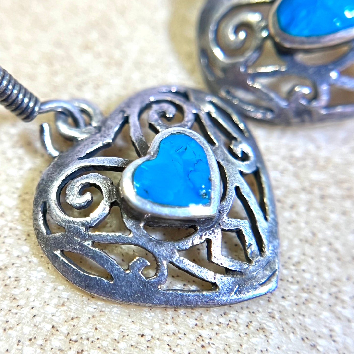 Turquoise Inlay Filigree Heart Sterling Silver French Hook Earrings - Vintage