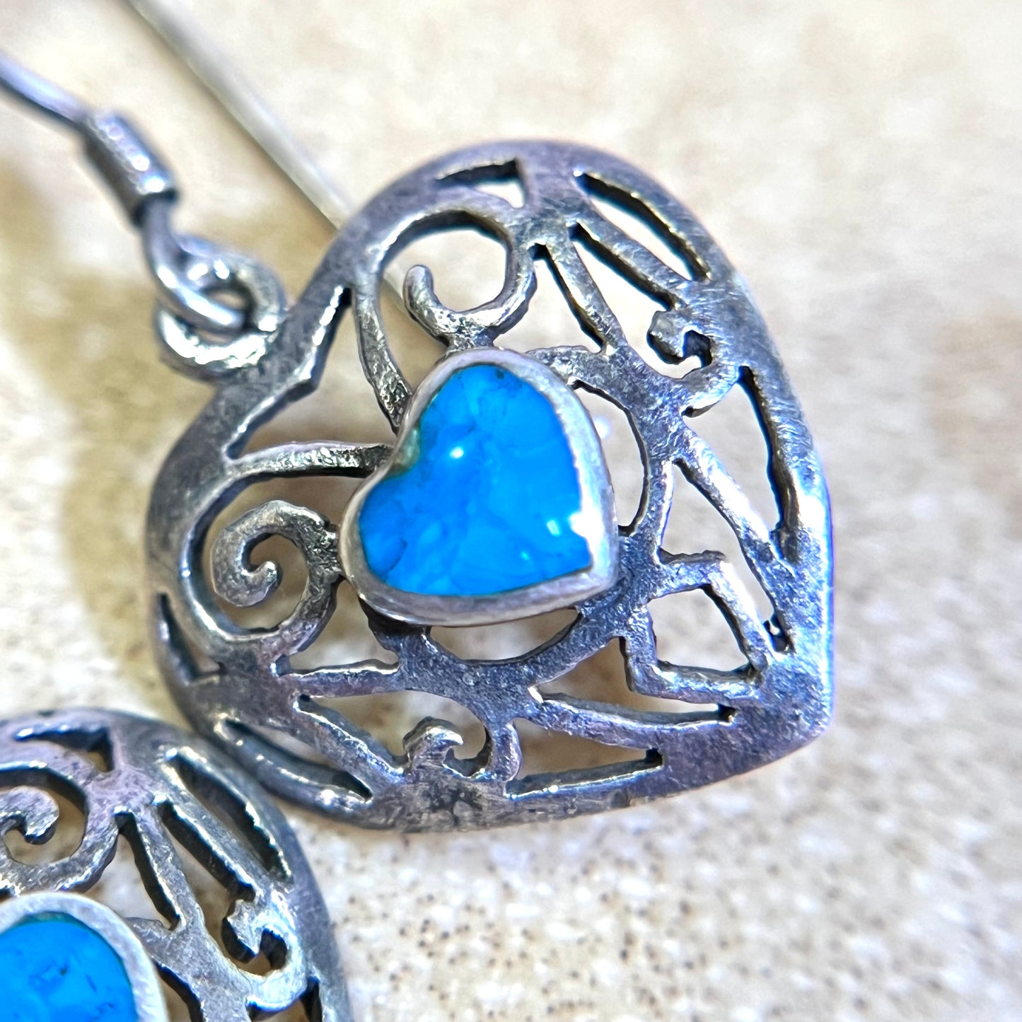 Turquoise Inlay Filigree Heart Sterling Silver French Hook Earrings - Vintage