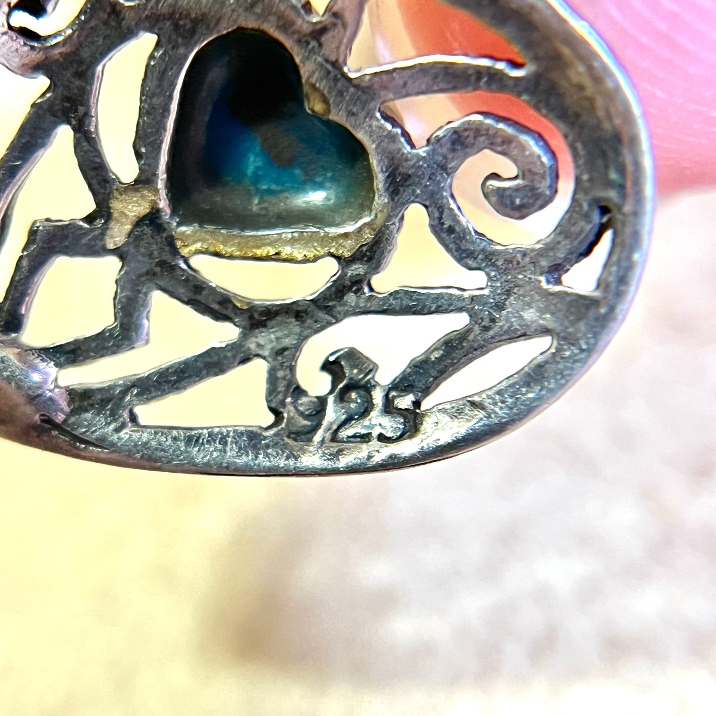 Turquoise Inlay Filigree Heart Sterling Silver French Hook Earrings - Vintage