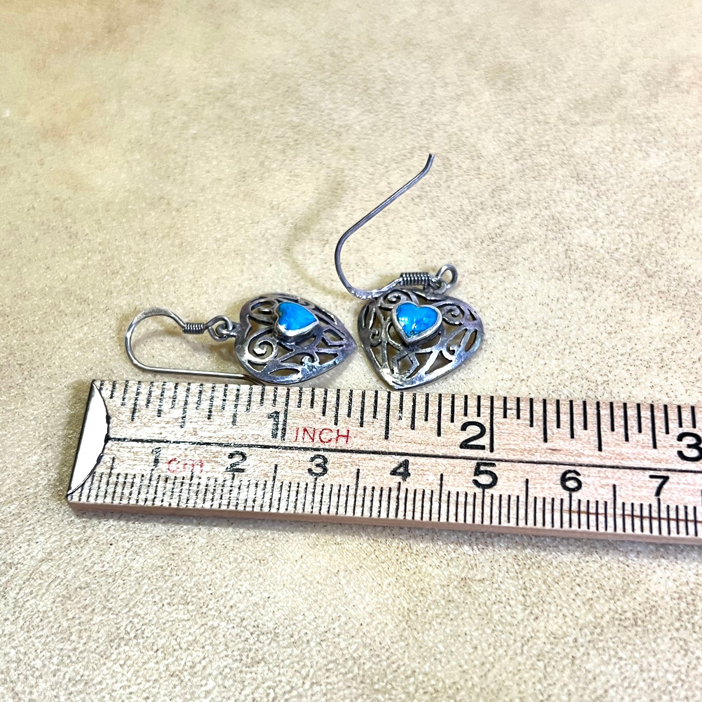 Turquoise Inlay Filigree Heart Sterling Silver French Hook Earrings - Vintage