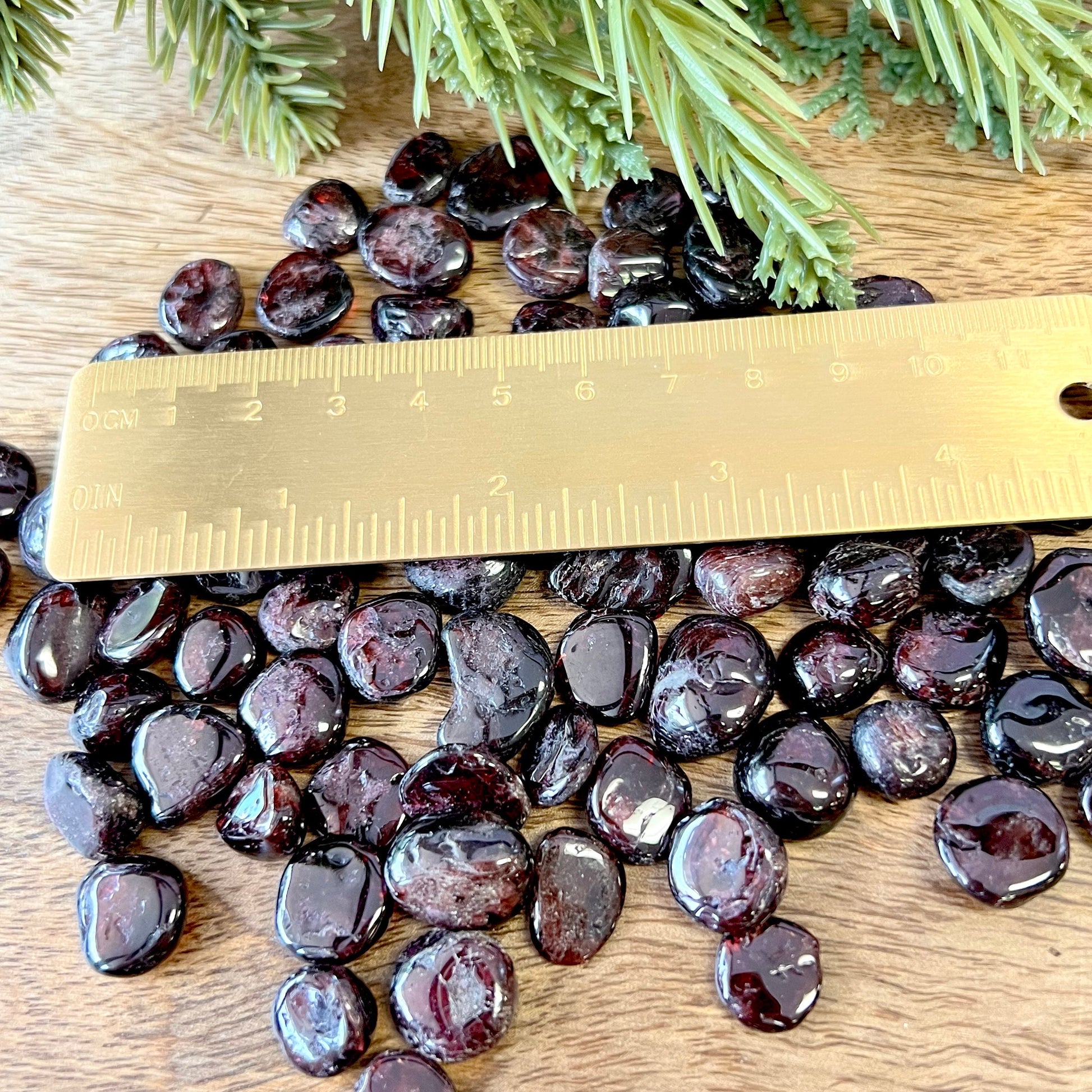 Group of small miniature tumbled crystals next to a ruler. They are a dark red garnet, and similar to crystal chips.