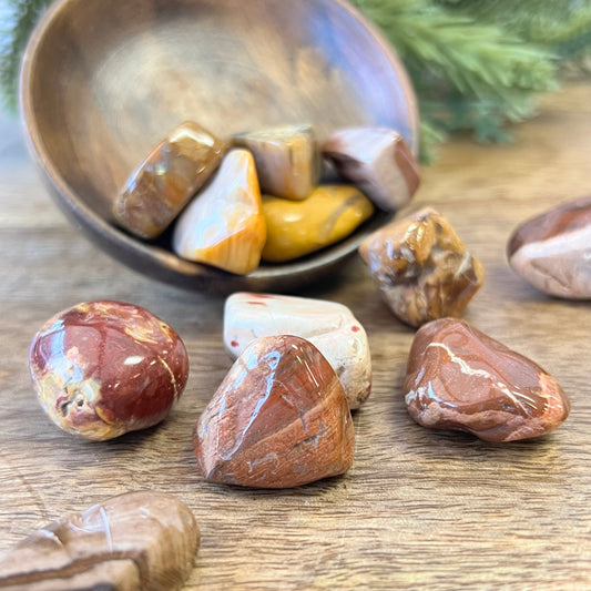 a group of colorful petrified Wood tumbled crystals in a wooden bowl