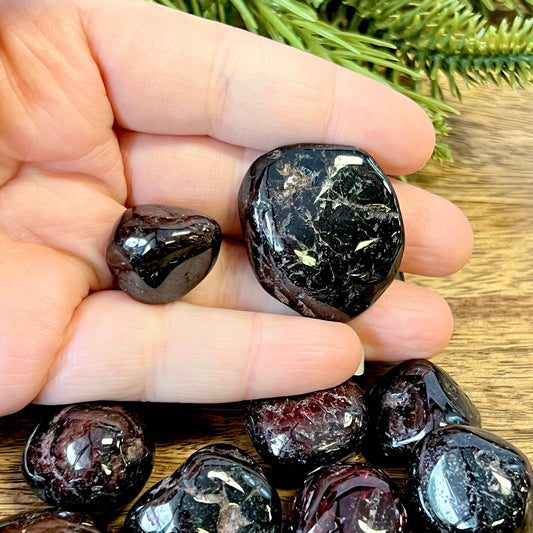 a person's hand holding garnet tumbled crystals. They are a deep red that's so dark, it almost looks black