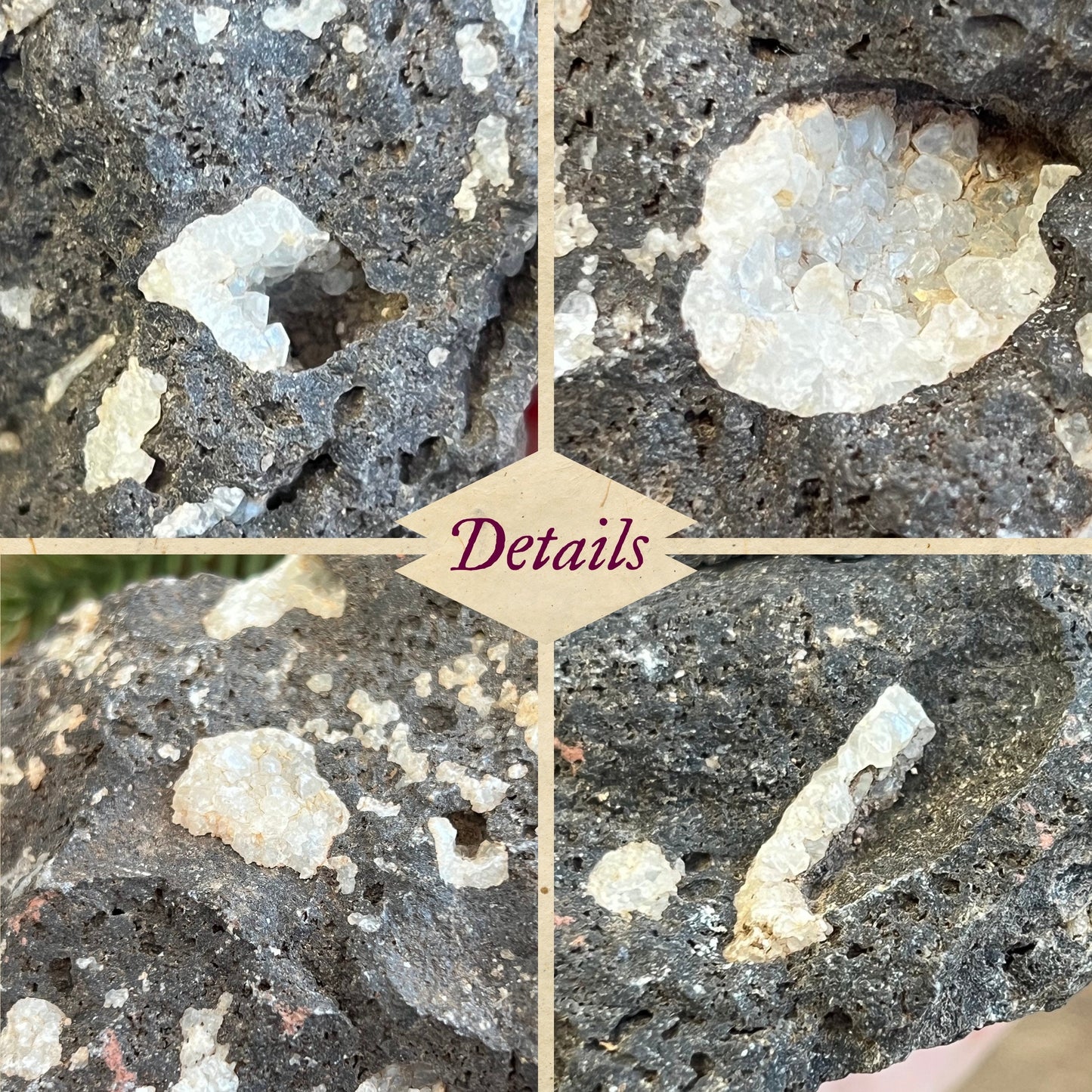 Image of a large, rough chunk of black Lava Rock Stone on a wooden table. Has rough texture with lots of holes, and white Quartz growing in spots.