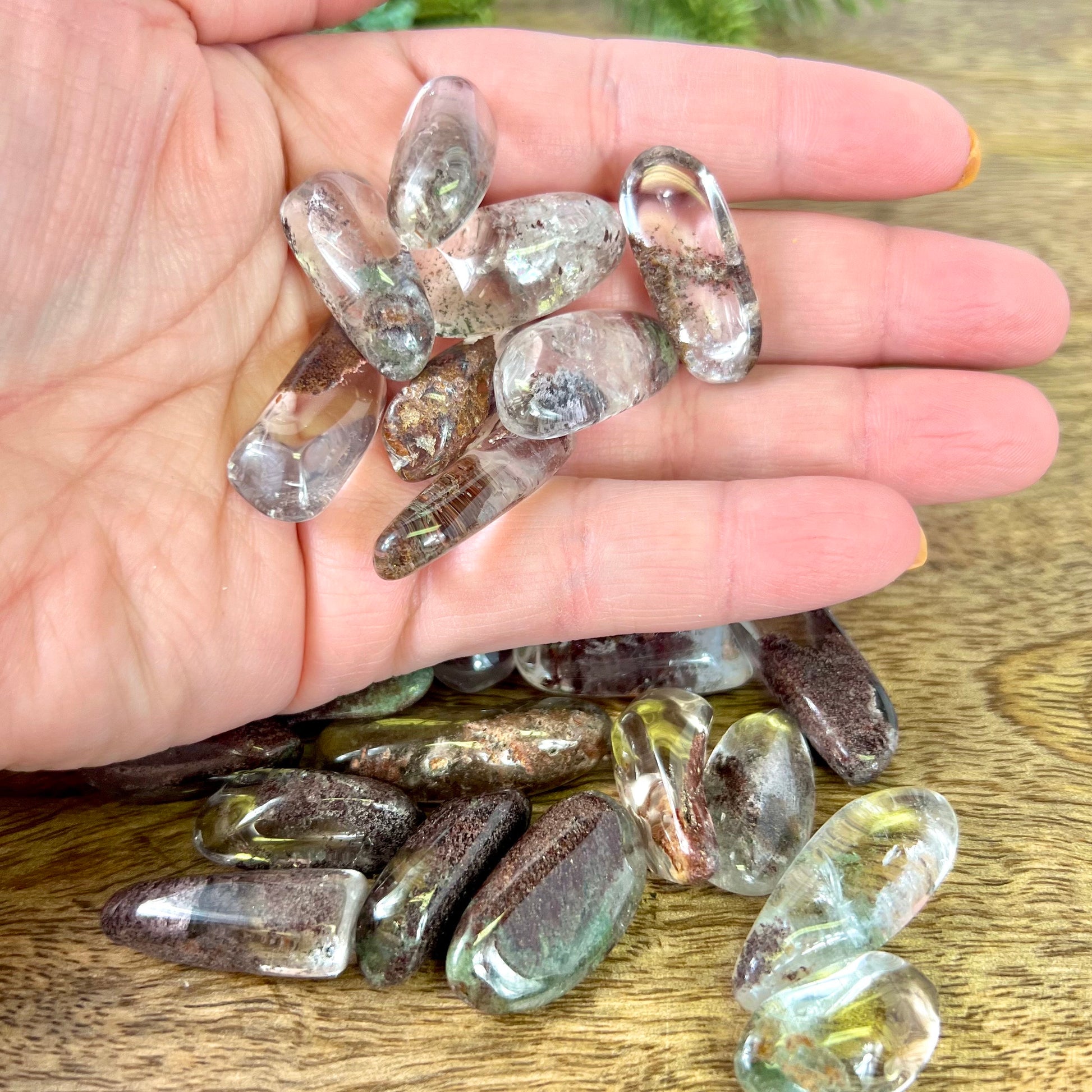 a person's hand holding a group of tumbled lodolite Garden Quartz crystals