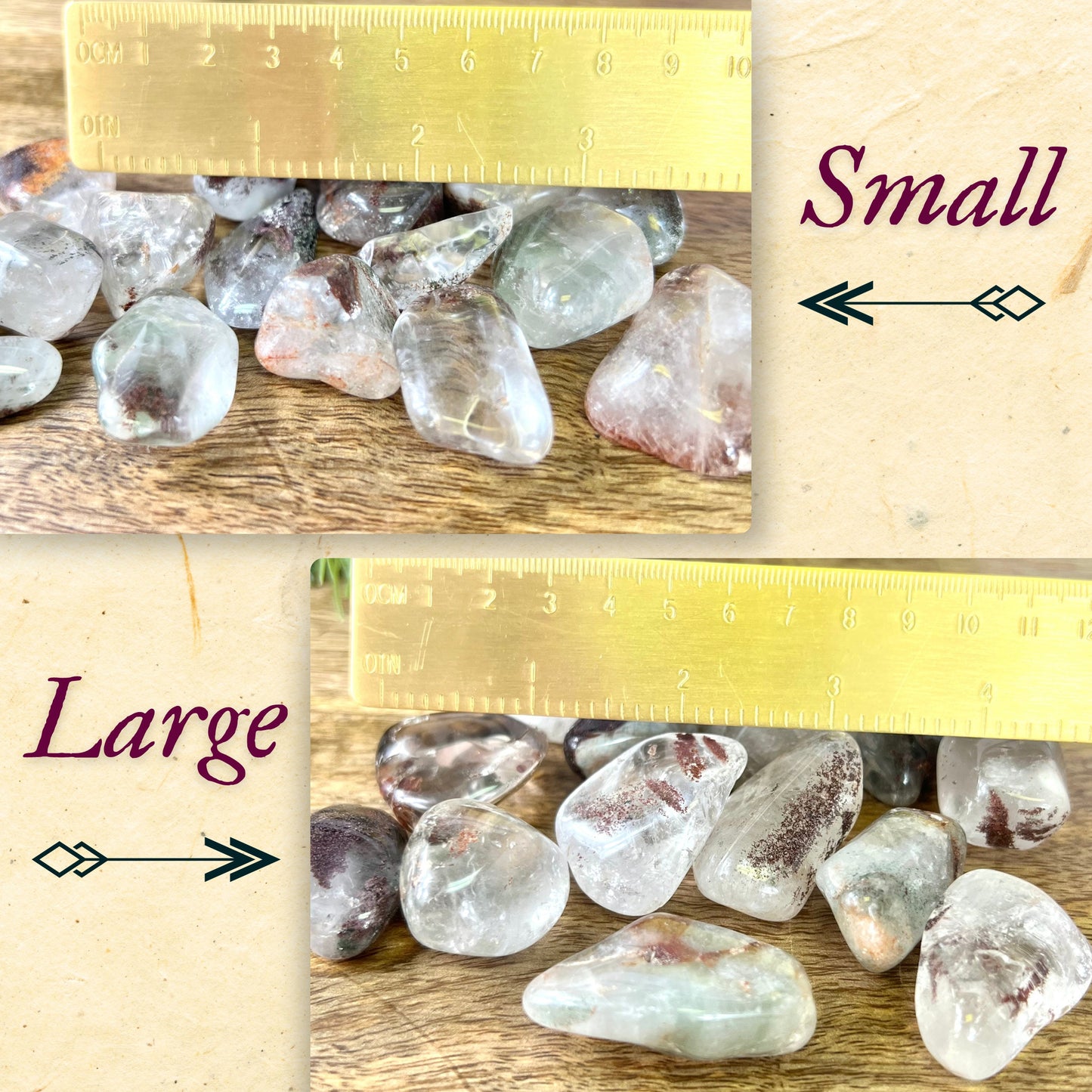 a group of lodolite Garden Quartz tumbled crystals next to a gold ruler for measure