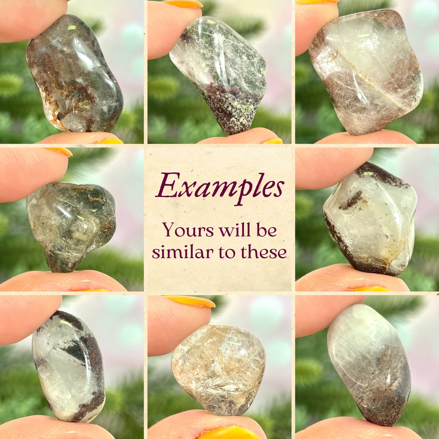 a collage featuring several pieces of lodolite Garden Quartz tumbled crystals