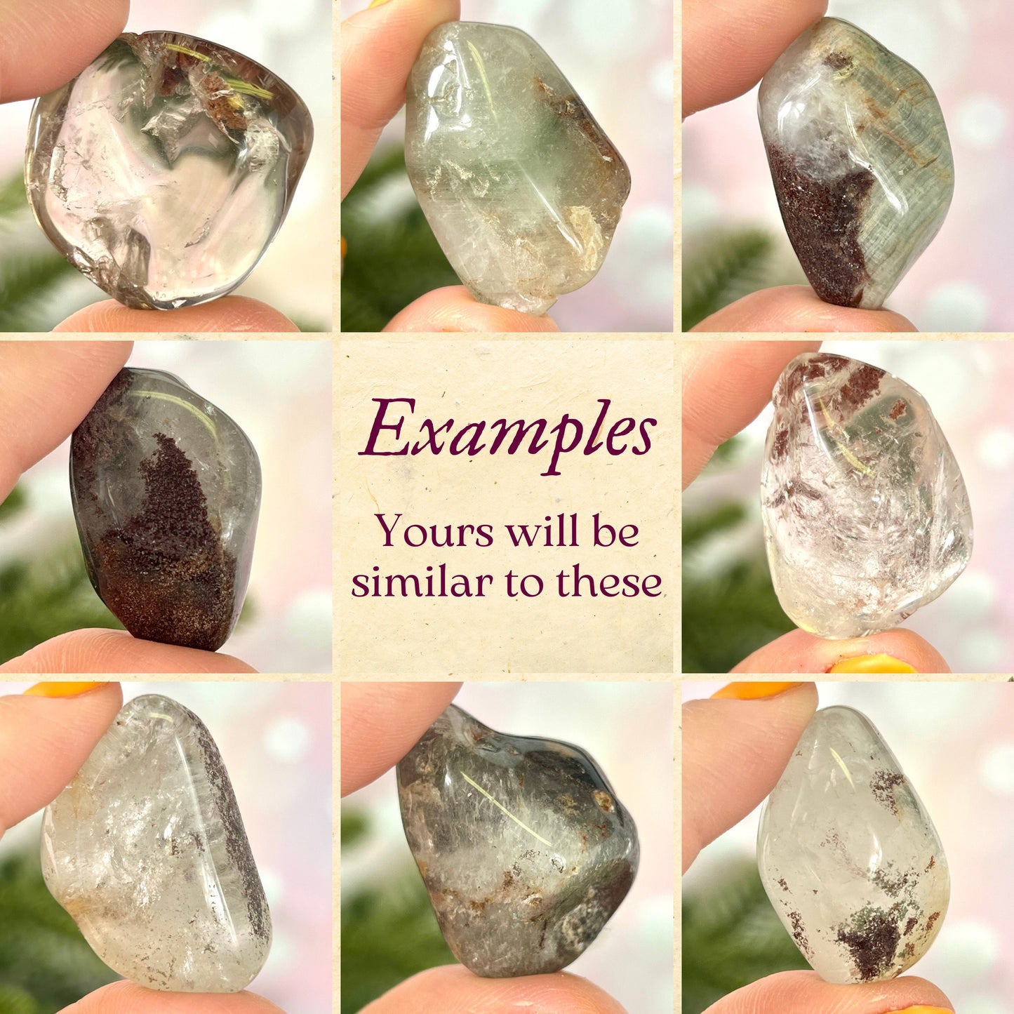 a collage featuring several pieces of lodolite Garden Quartz tumbled crystals