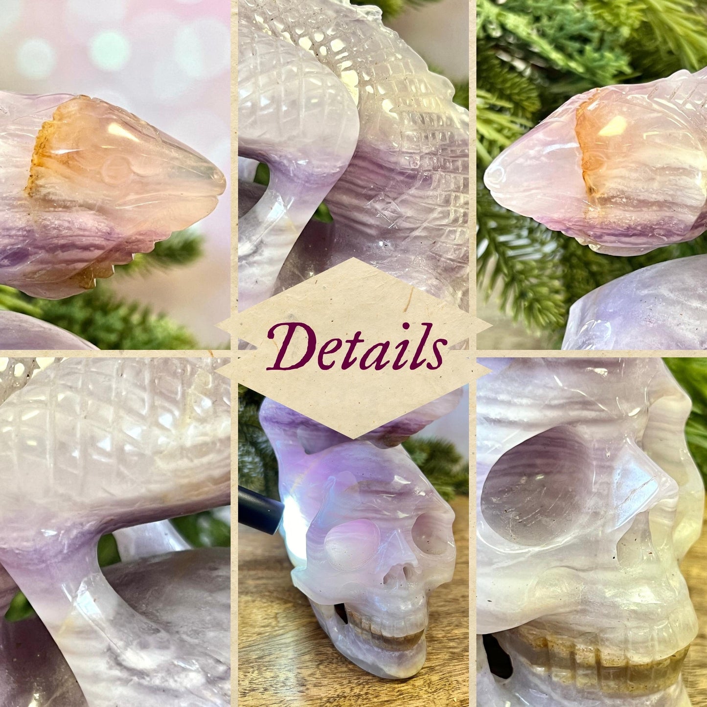 Yttrium Fluorite Crystal Skull with Iguana Lizard Carved Statement Piece