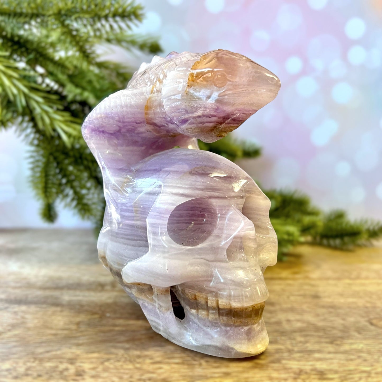 Yttrium Fluorite Crystal Skull with Iguana Lizard Carved Statement Piece