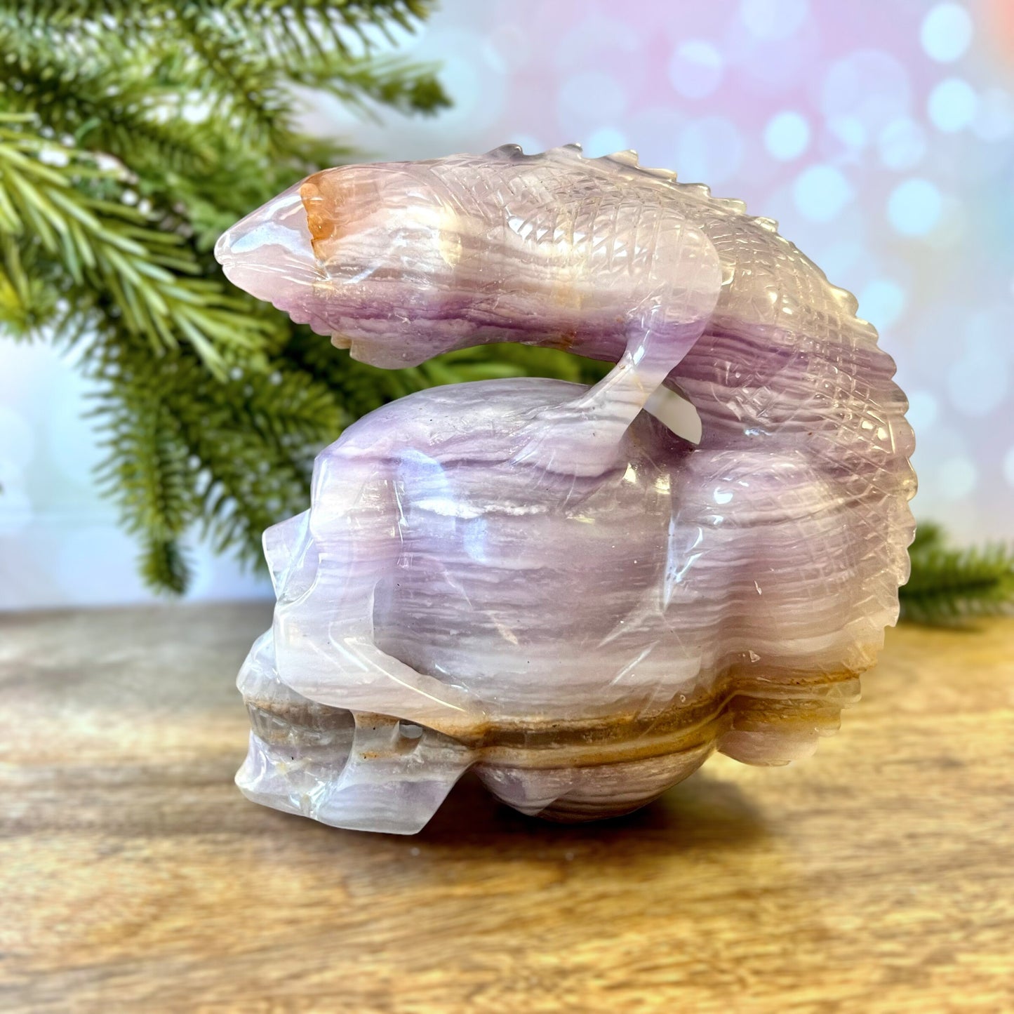 Yttrium Fluorite Crystal Skull with Iguana Lizard Carved Statement Piece