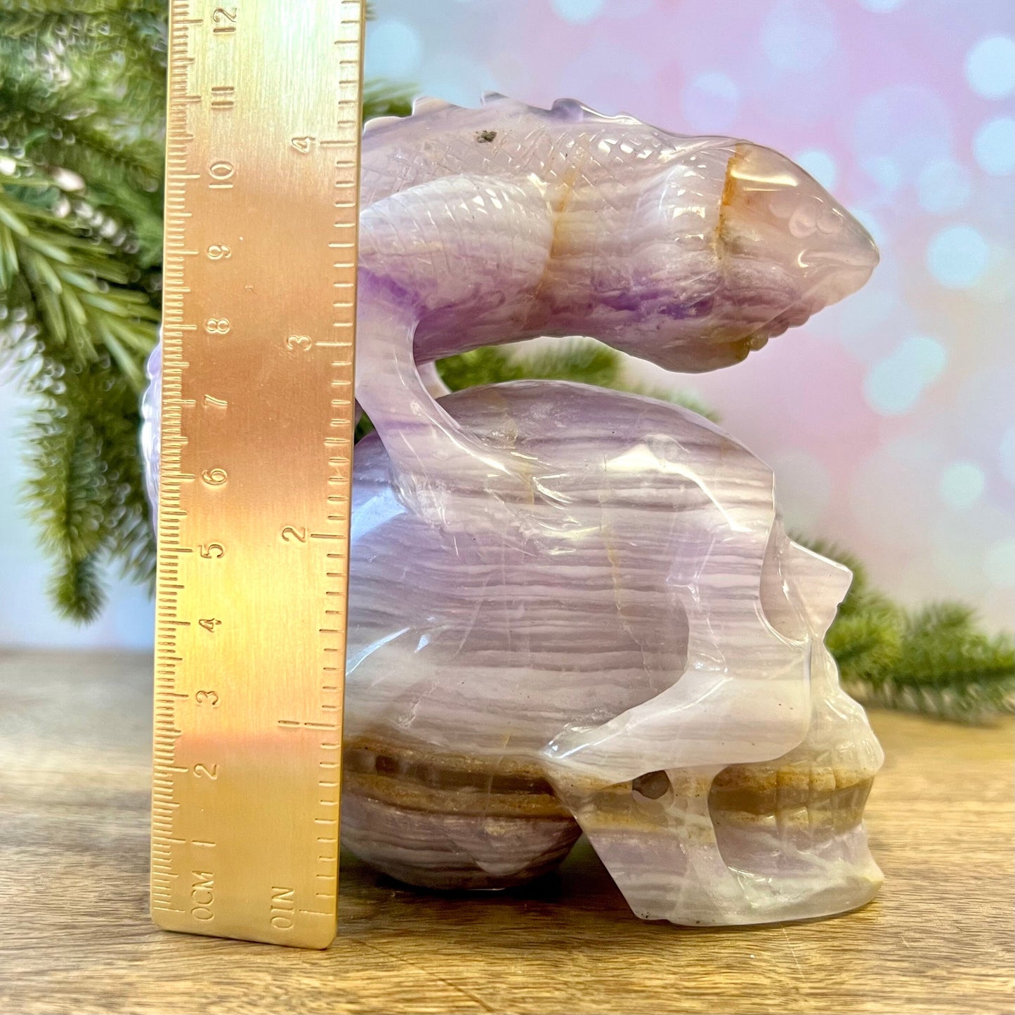 Yttrium Fluorite Crystal Skull with Iguana Lizard Carved Statement Piece