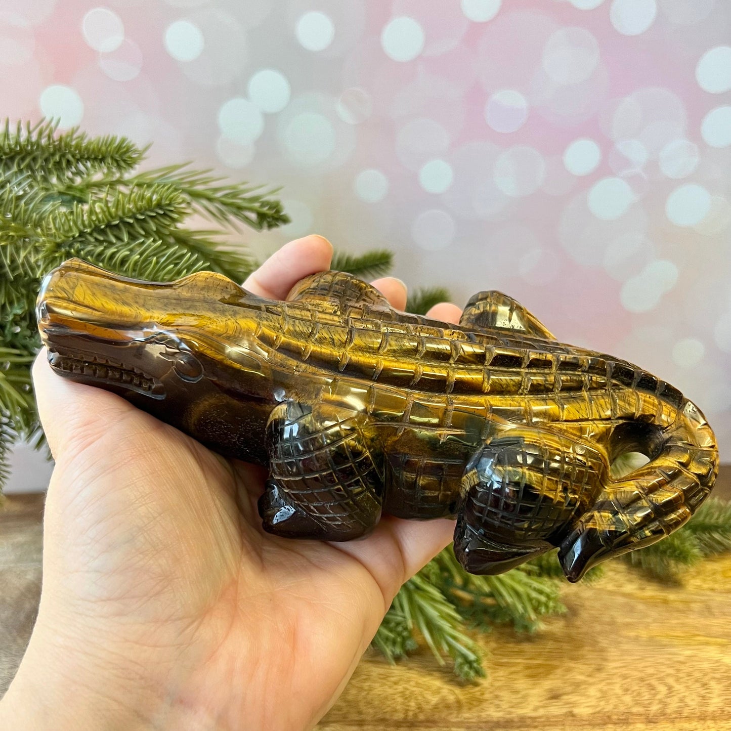 Tigers Eye Crocodile Carved Crystal Statement Piece