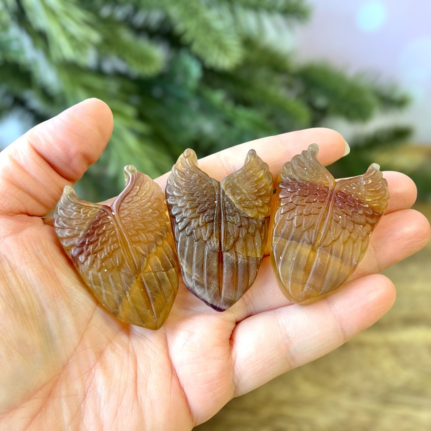 Yellow Fluorite Angel Wings Crystal Carved Cabochon - You get one