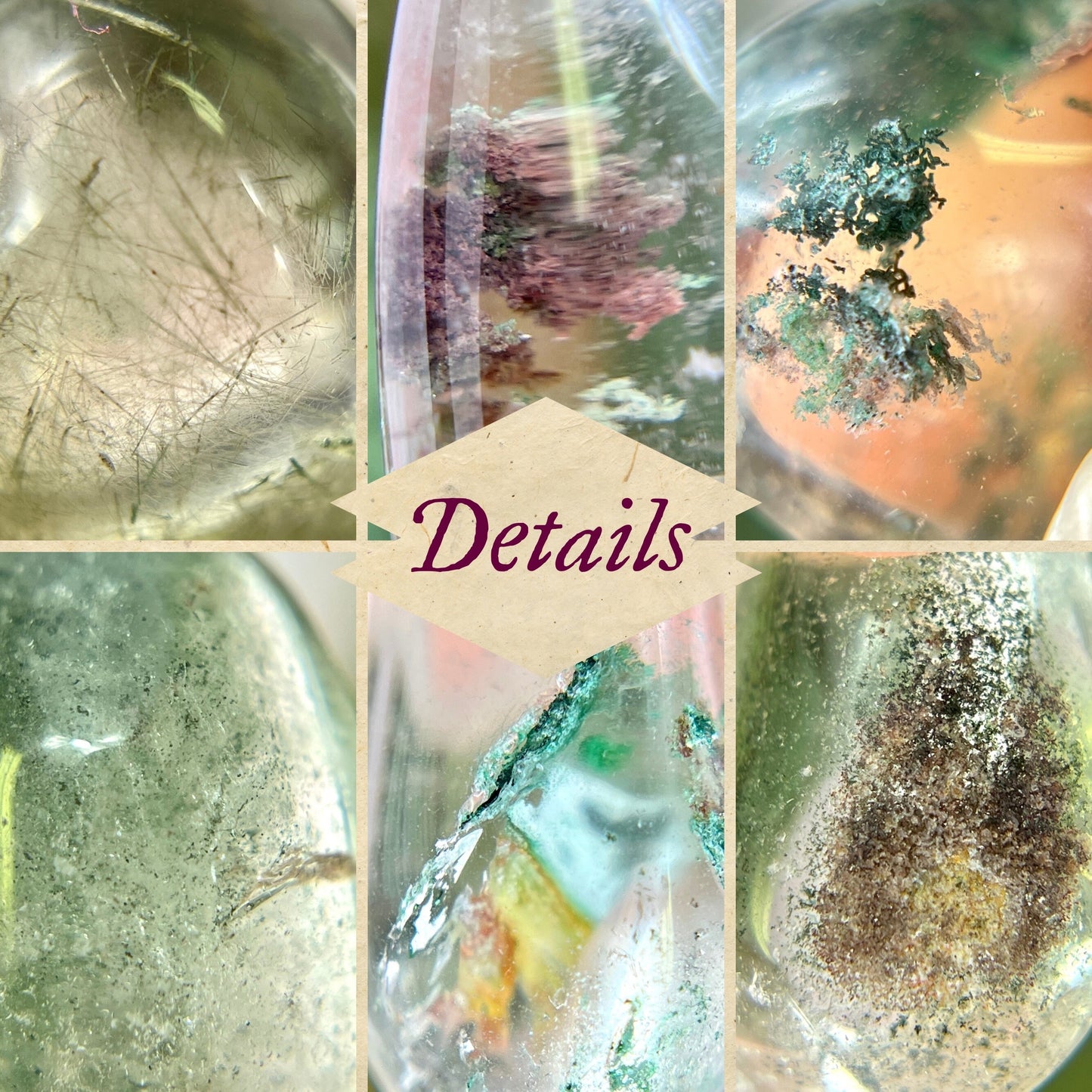 Up close detailed photos of green Chlorite inclusions in clear quartz crystals