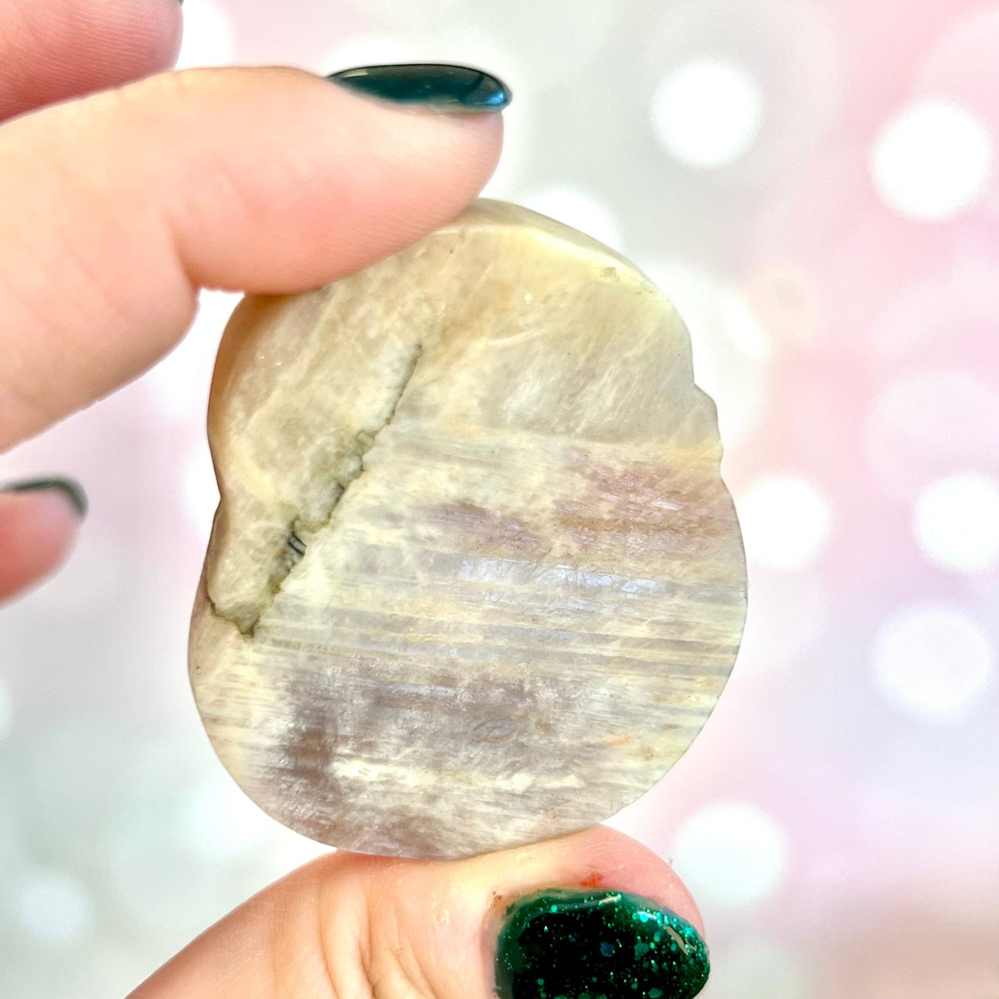 Image of a carved cabochon featuring a crouching tiger mid roar. The front is carved and the back is flat. It's made from Sunstone in Moonstone crystal.