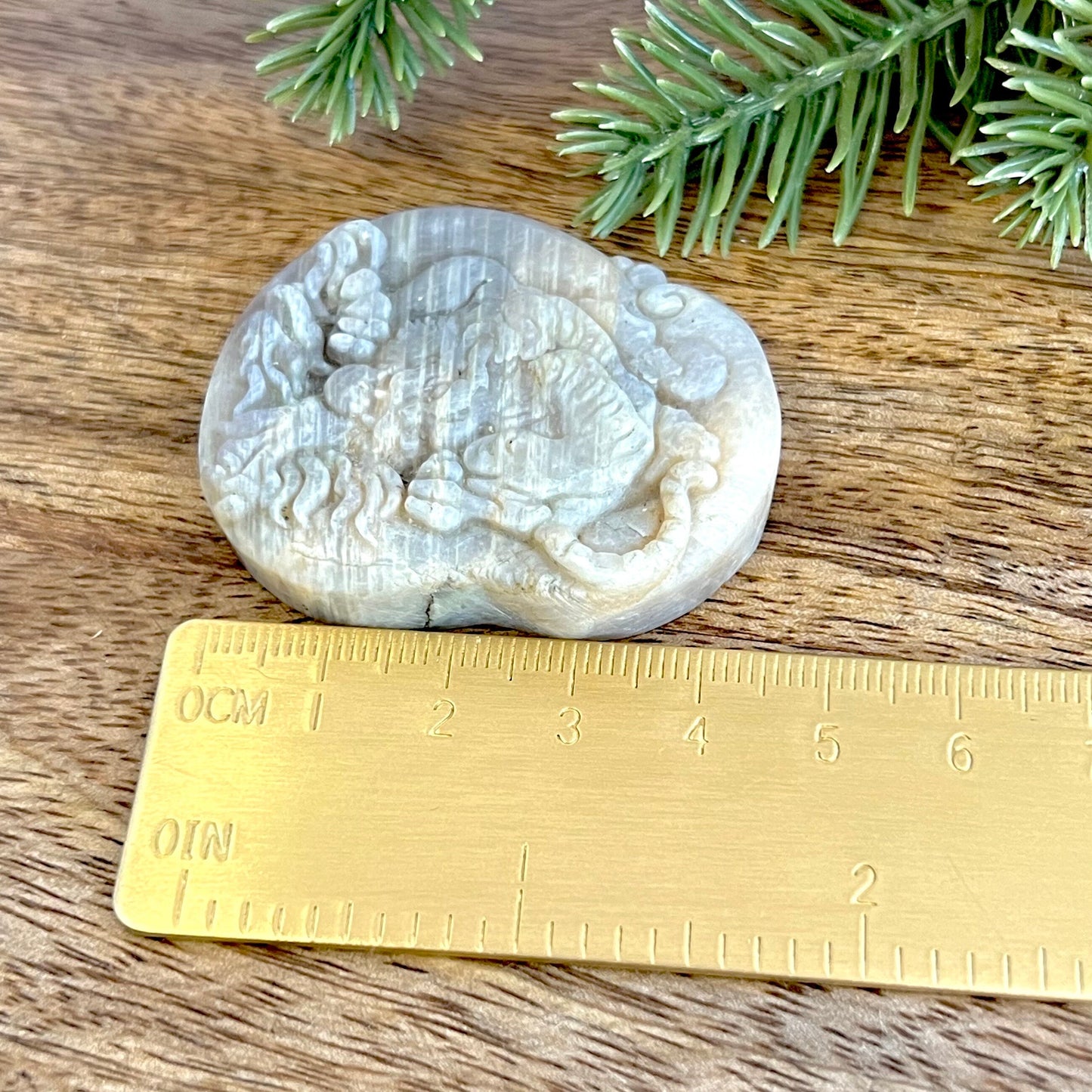 Image of a carved cabochon featuring a crouching tiger mid roar. The front is carved and the back is flat. It's made from Sunstone in Moonstone crystal. Next to a gold ruler