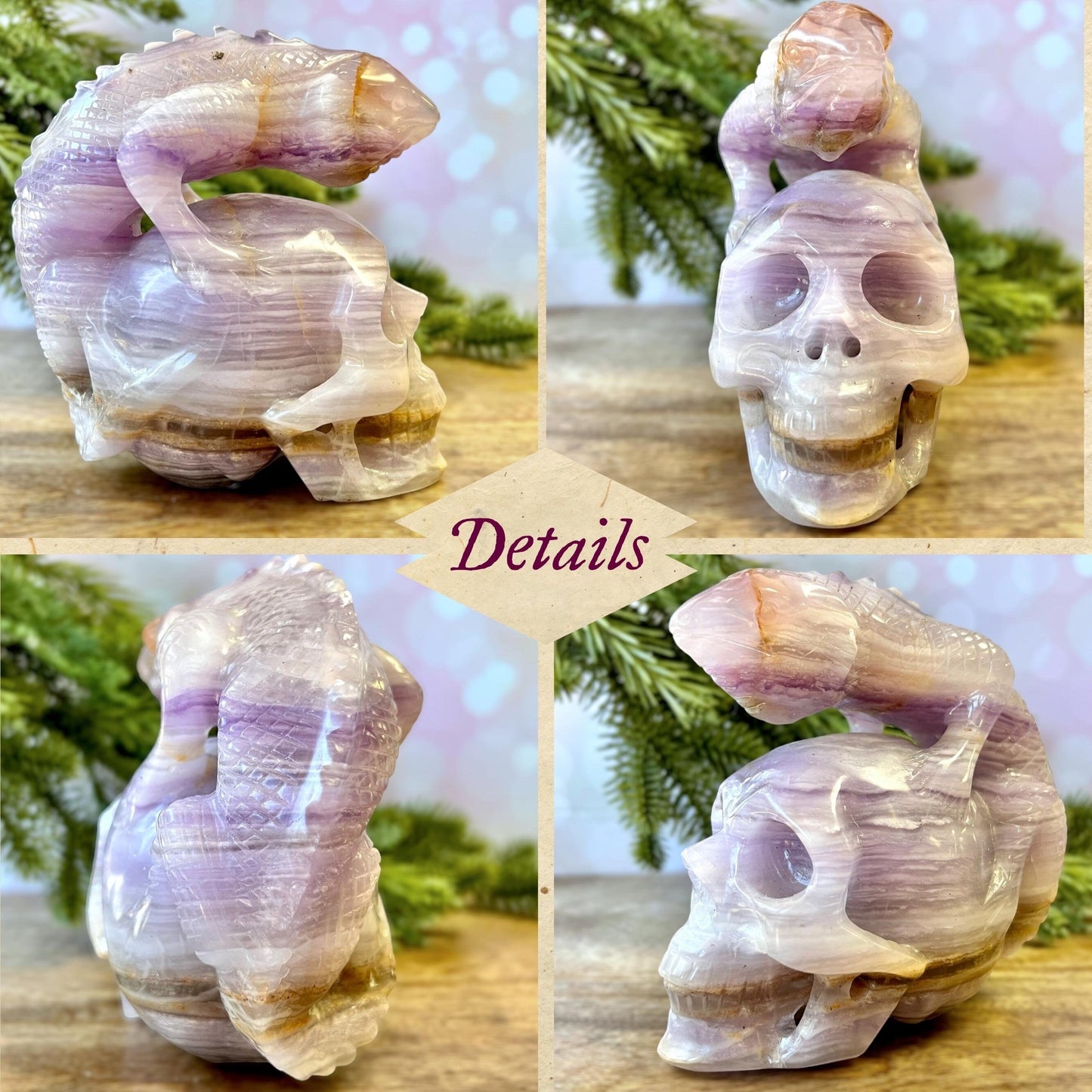 Yttrium Fluorite Crystal Skull with Iguana Lizard Carved Statement Piece
