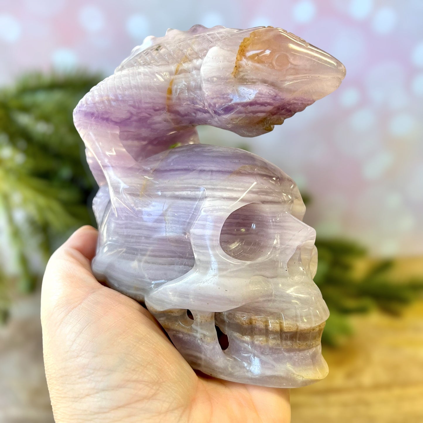 Yttrium Fluorite Crystal Skull with Iguana Lizard Carved Statement Piece