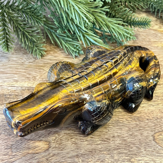 Tigers Eye Crocodile Carved Crystal Statement Piece