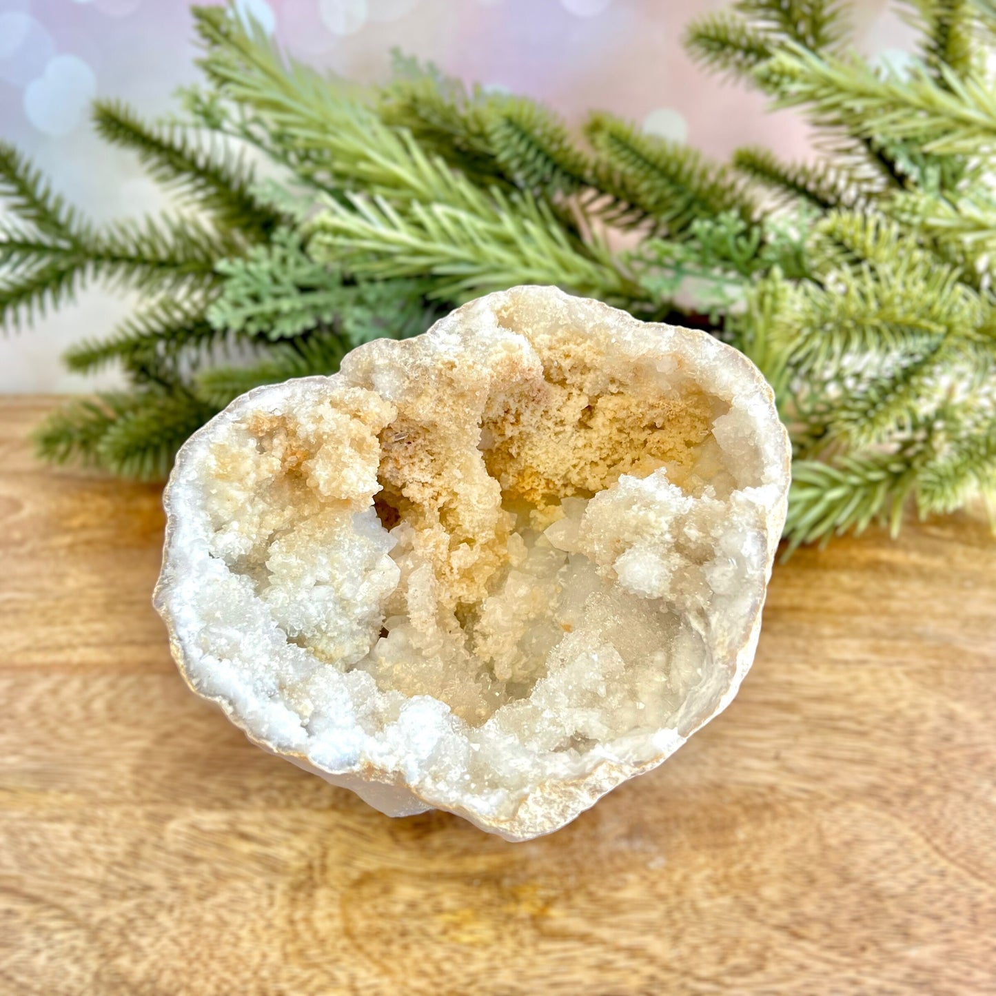 Image of a large Quartz sugar geode from Morocco. Has a sandy beige exterior, and lots of small, white crystals on the inside. Has some pale yellow iron staining on some crystals