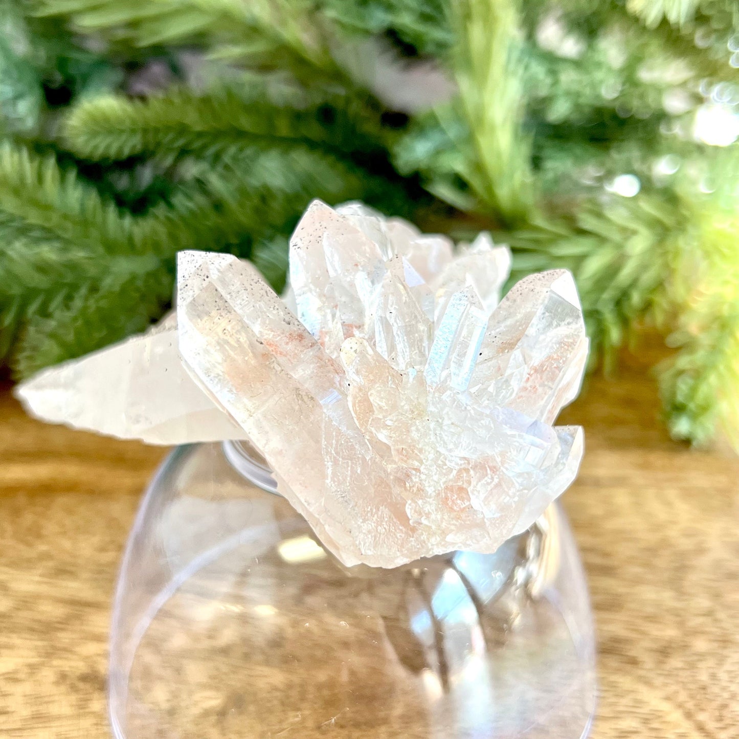 Close up of a Himalayan Quartz crystal cluster covered with small pinprick inclusions of Black Hematite.