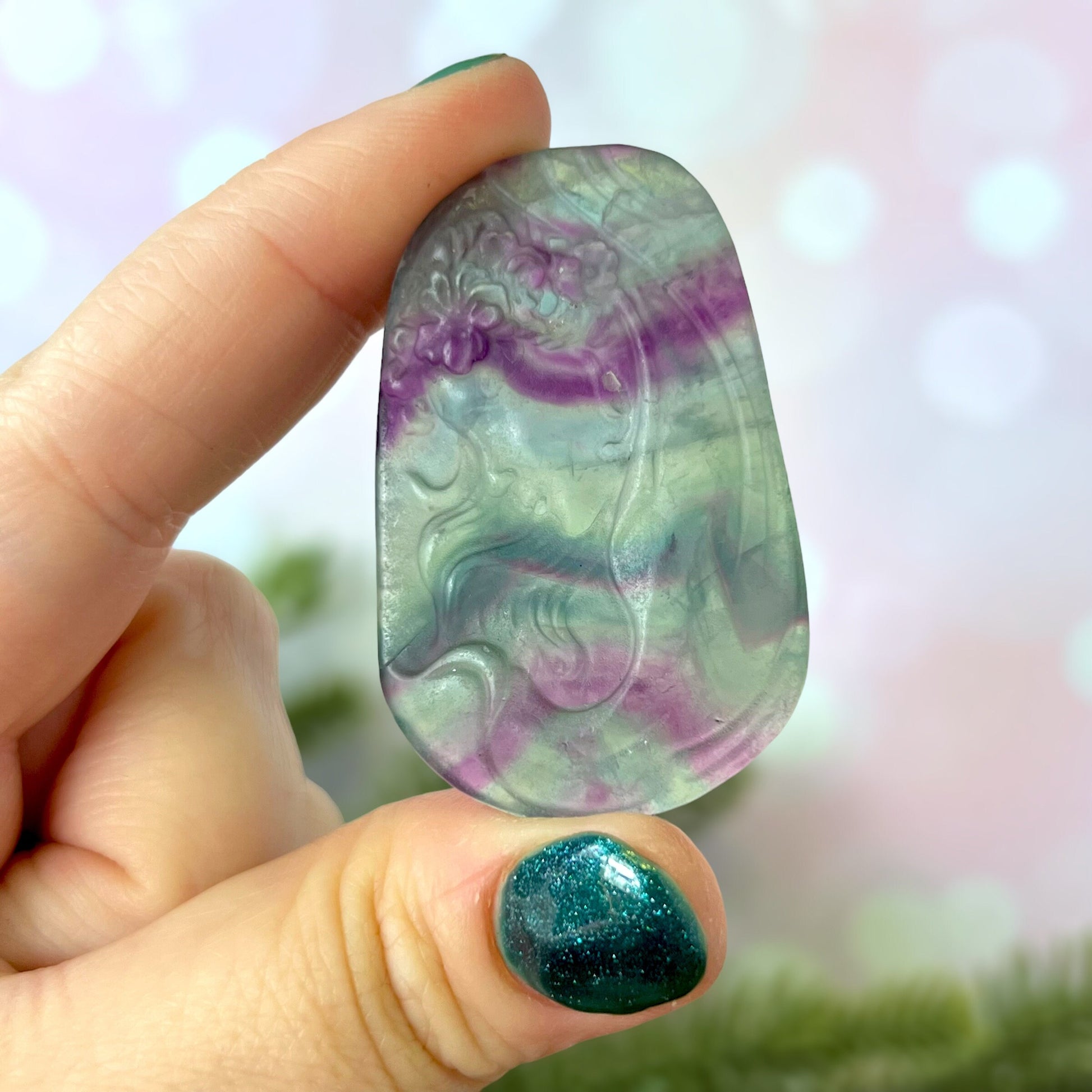 Rainbow Fluorite carved stone cabochon featuring an Art Nouveau Woman cameo