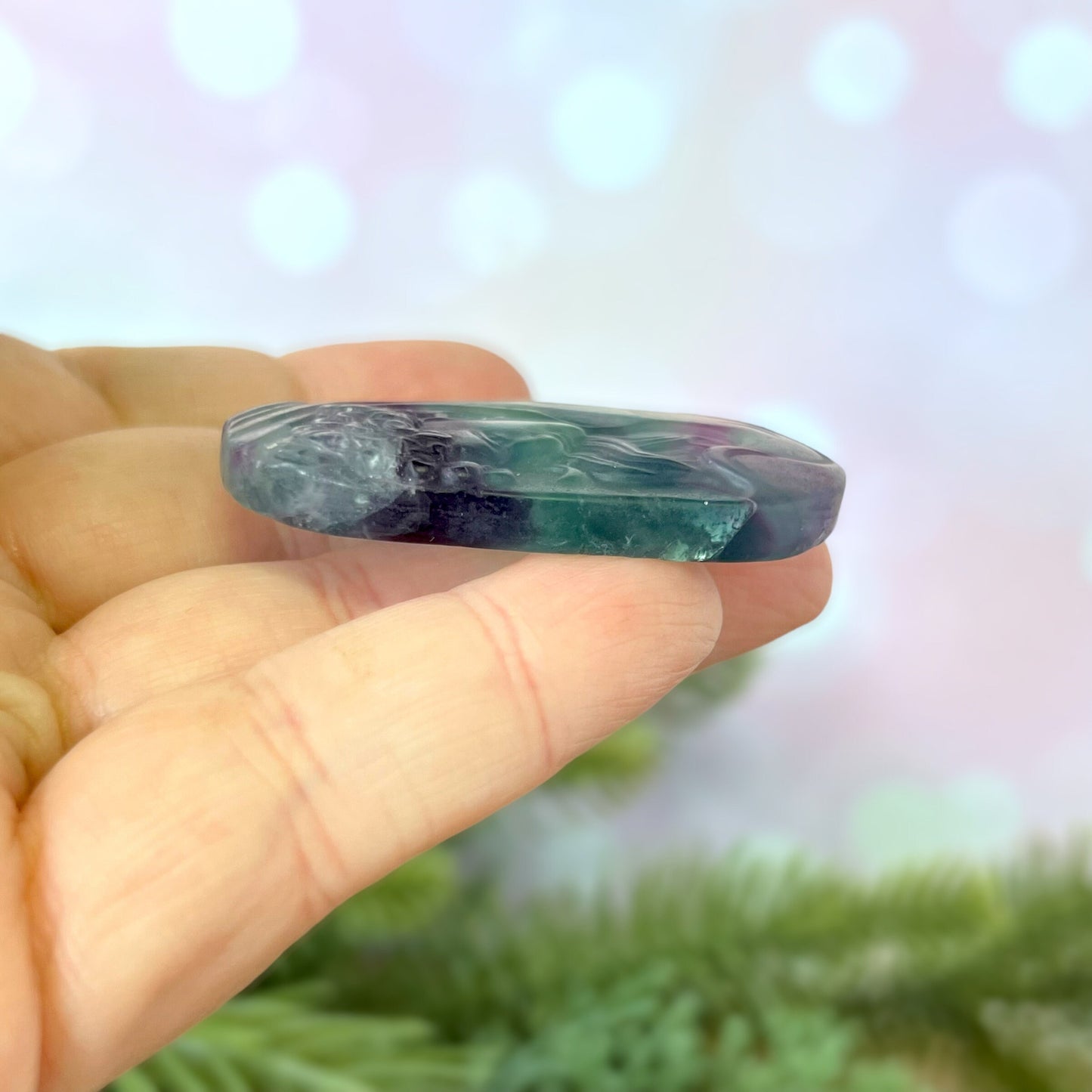Rainbow Fluorite carved stone cabochon featuring an Art Nouveau Woman cameo