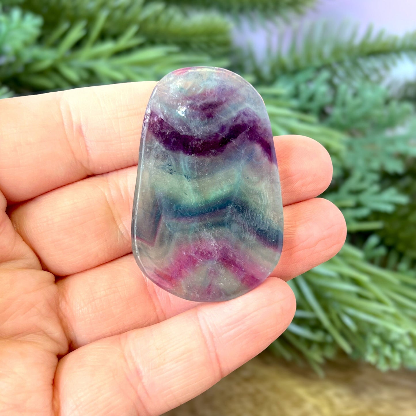Rainbow Fluorite carved stone cabochon featuring an Art Nouveau Woman cameo
