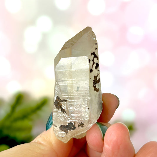 Close up of a small garden Quartz crystal point with chlorite inclusions. This mineral specimen is also called Lodolite, and is natural.
